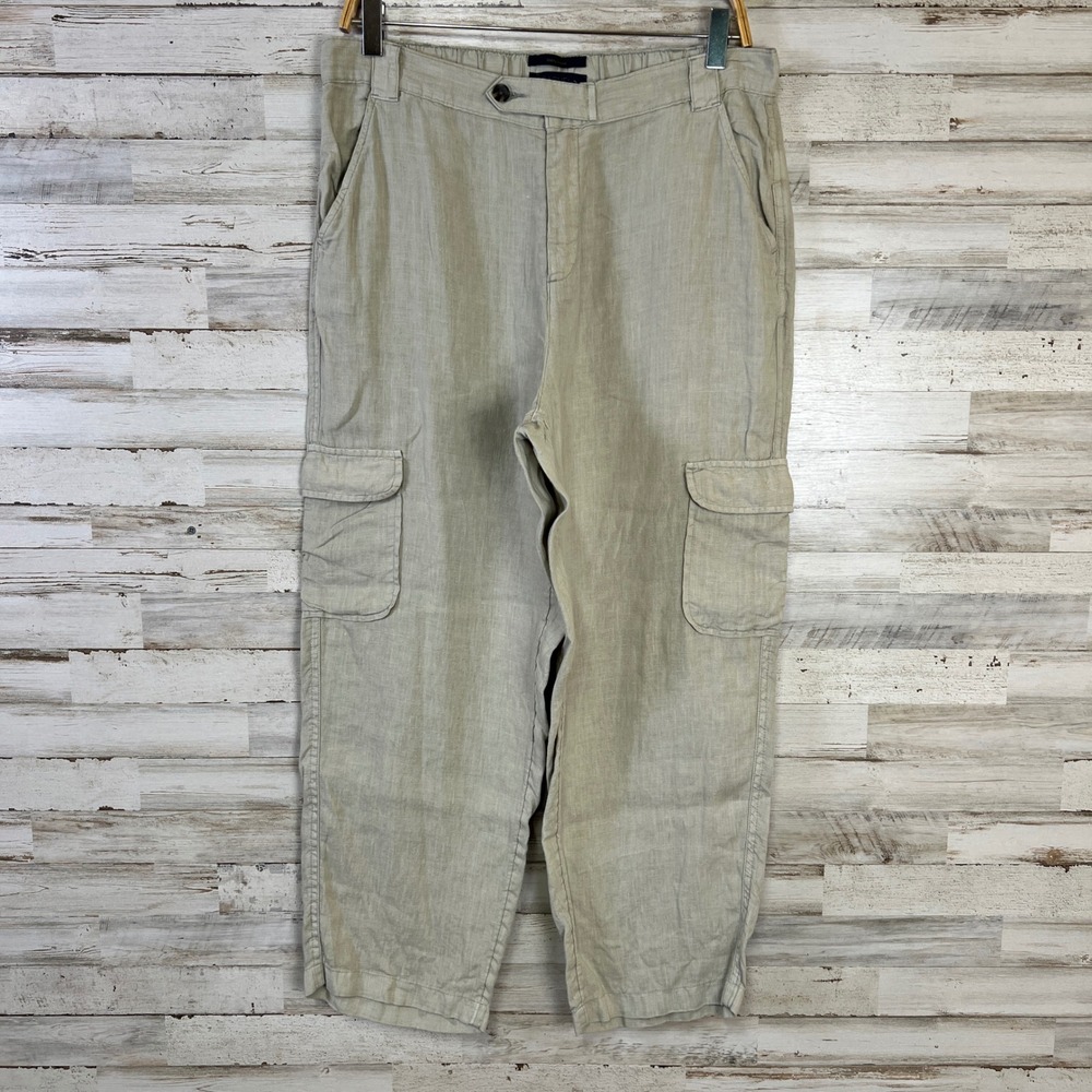 Rachel Roy Pants Women L Beige 100% Linen Cargo Casual Trouser Cropped RN75343